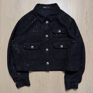 Maje Boxy Cropped Fit Tweed Sequin Trucker Jacket Womens 3 Black Silver